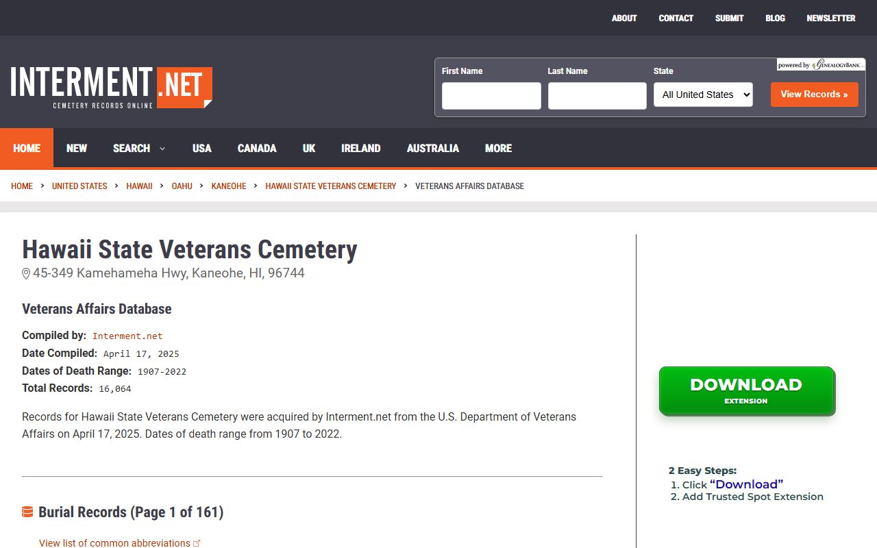 Hawaii State Veterans Cemetery Kaneohe burial records