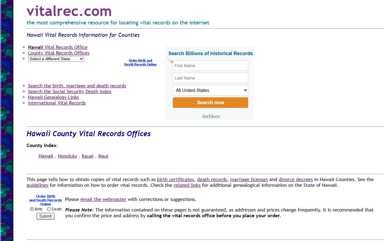Hawaii County vital records offices information