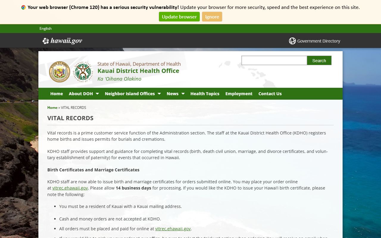 Kauai District Health Office vital records page