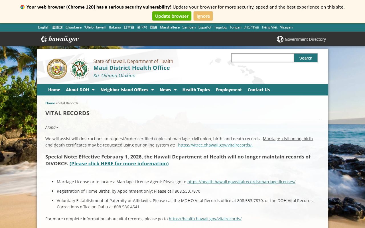 Maui District Health Office vital records page