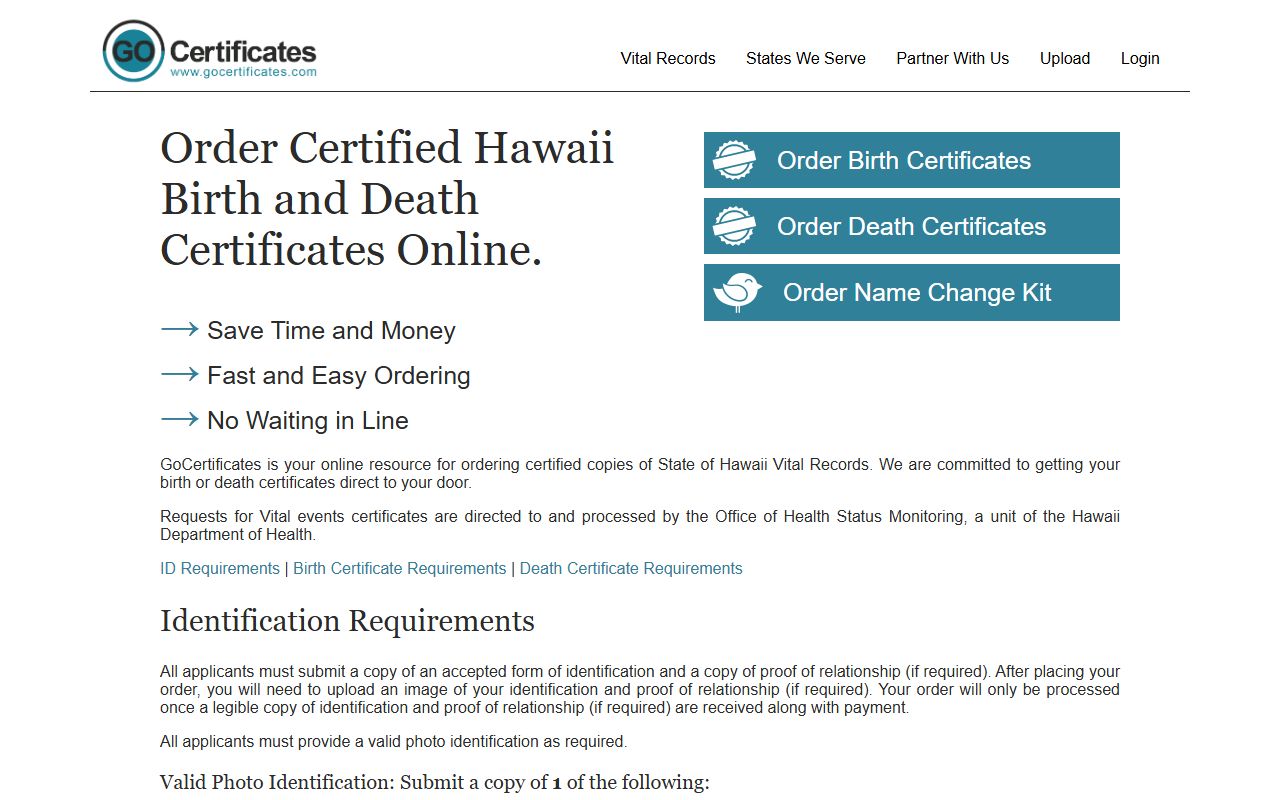 GoCertificates Hawaii Vital Records ordering service