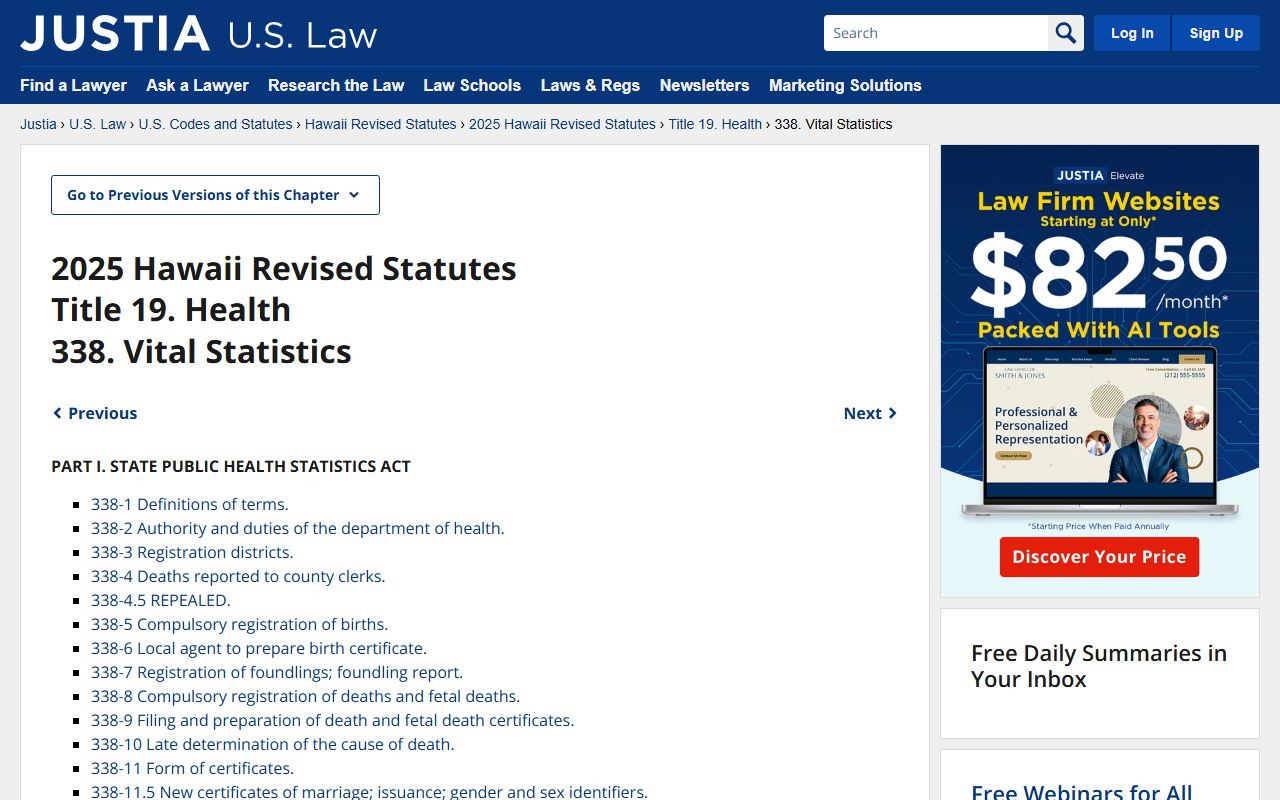 Hawaii Revised Statutes Chapter 338 Vital Statistics