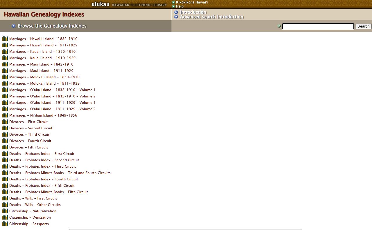 Ulukau Hawaiian Electronic Library genealogy indexes
