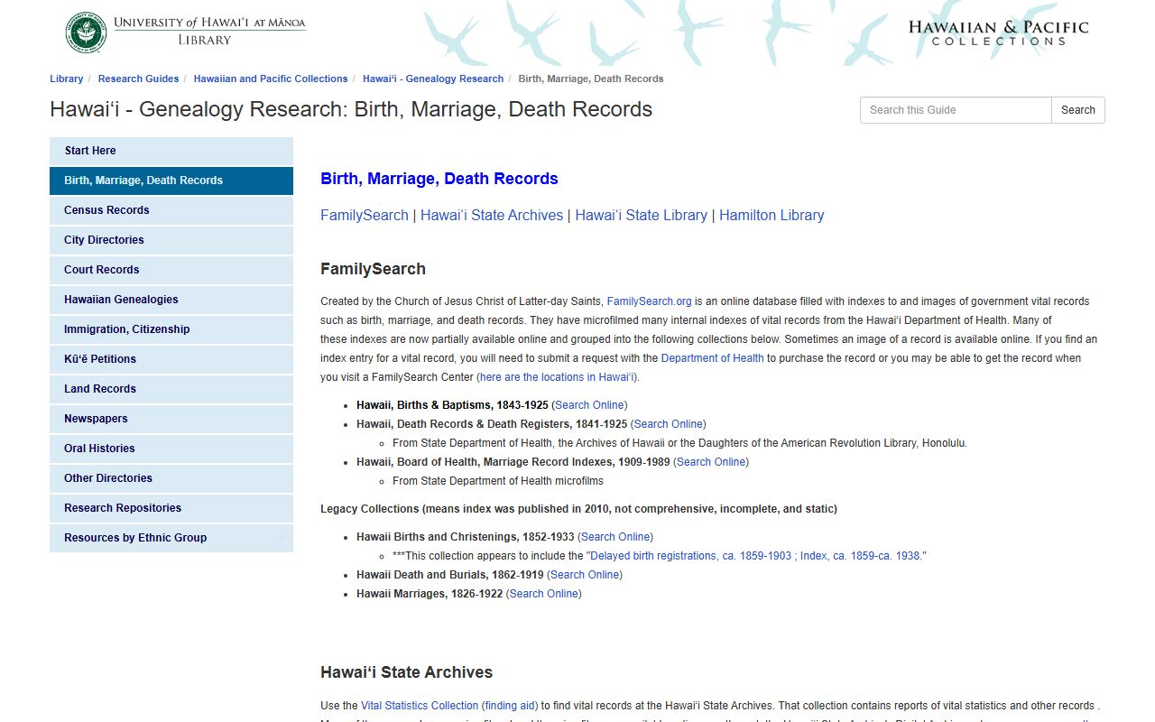 University of Hawaii Library genealogy research guide for death records